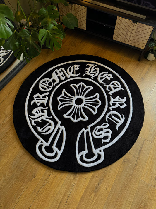 Chrome Hearts-inspired tufted rug featuring bold gothic cross design — a statement collectible for streetwear enthusiasts and luxury interiors